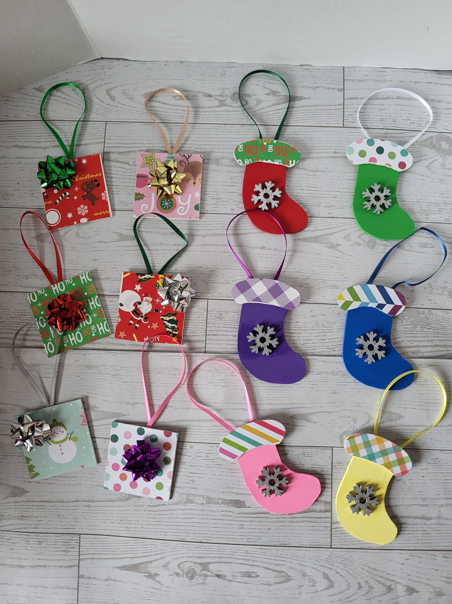 Set of 12 handmade Christmas ornaments - 6 gifts and 6 stocking