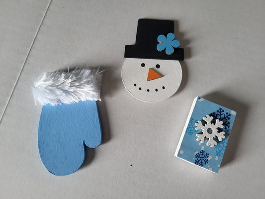 set of 3 handmade wooden magnets with hand-painted winter designs