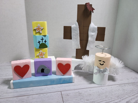 Hand-painted wooden religious Easter shelf sitters featuring crosses—perfect for mantels, tiered trays, and farmhouse holiday décor.