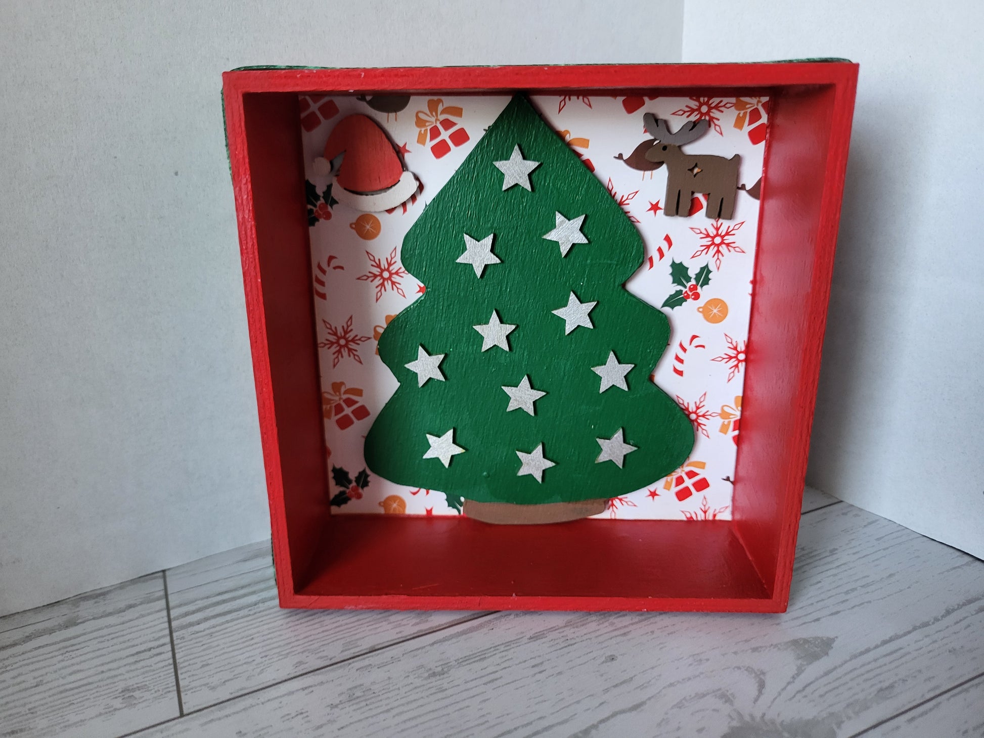 Christmas Shelf décor - wooden shadow box with Christmas tree, Santa hat, and reindeer 