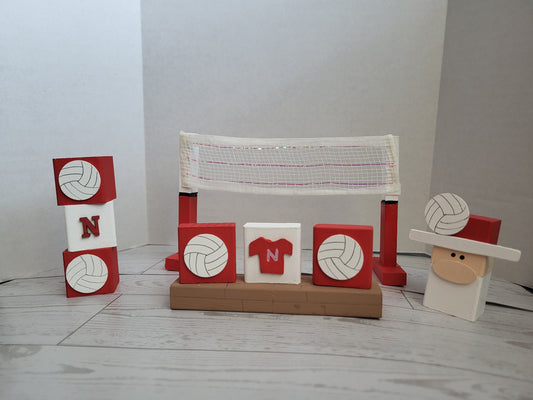 Handmade Wooden volleyball shelf sitters with festive designs-perfect for mantels, tiered trays, and farmhouse décor 
