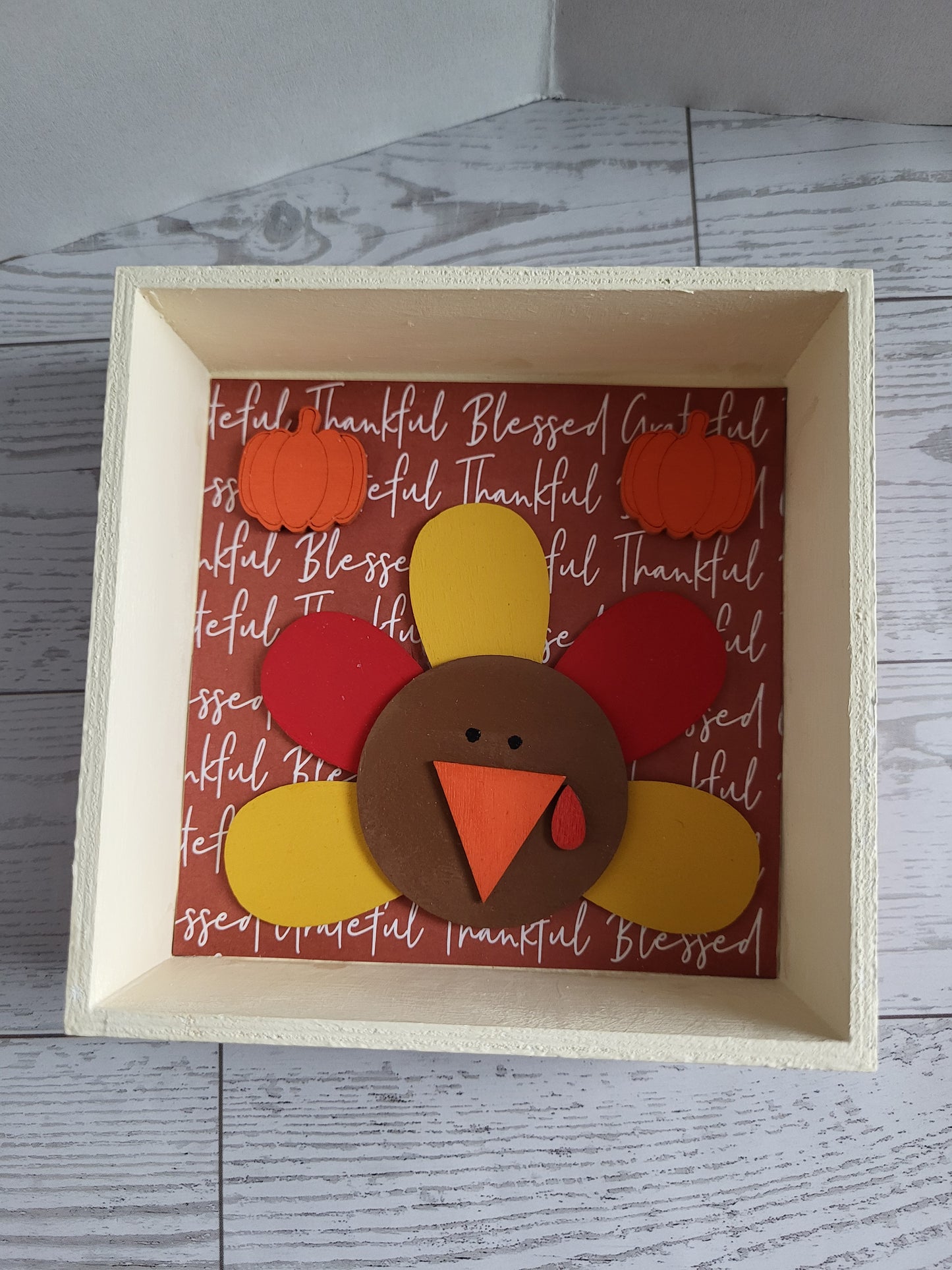 Thanksgiving shelf décor - wooden shadow box with turkey, 2 pumpkins, and holiday background