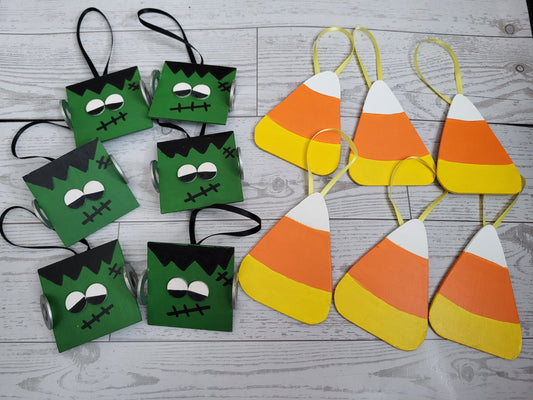 Set of 12 handmade Halloween ornaments - 6 Frankenstein and 6 Candy Corn - for seasonal decorating