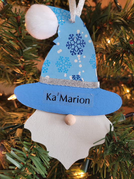 Hand-painted wooden gnome ornament personalized with name and custom colors—perfect for Christmas tree décor, gifts, and holiday keepsakes.