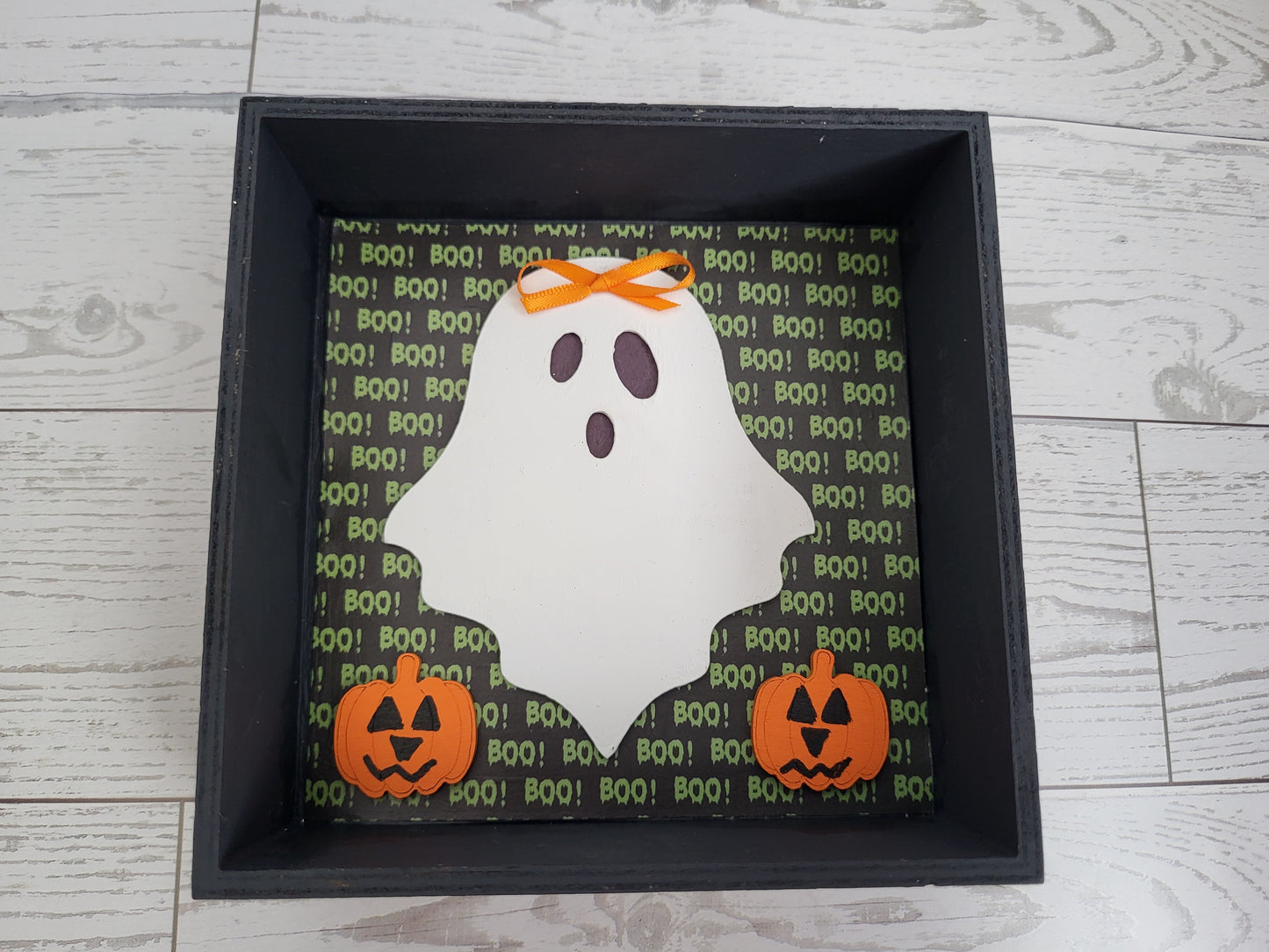 Halloween Shelf Décor - wooden shadow box with ghost , pumpkins and "boo" background
