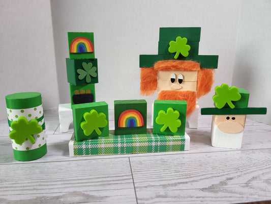 Hand-painted wooden St. Patrick’s day shelf sitters with festive holiday designs—perfect for mantels, tiered trays, and farmhouse holiday décor.