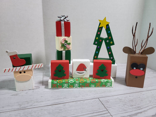 Hand-painted wooden Christmas shelf sitters with festive holiday design—perfect for mantels, tiered trays, and farmhouse holiday décor.
