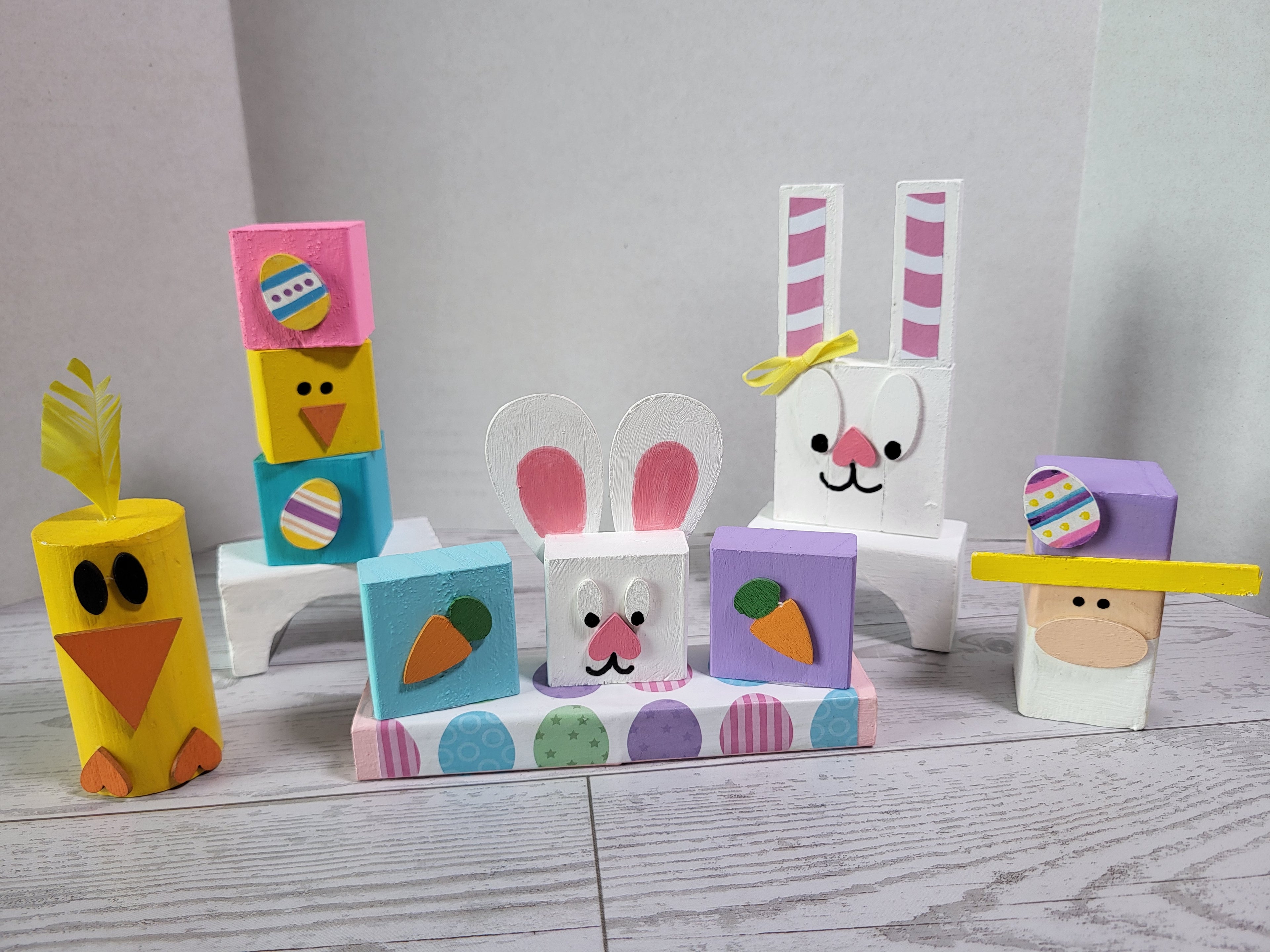 5 piece handmade Easter shelf sitter collection with hand-painted Easter designs