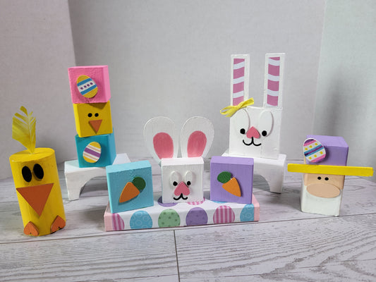 Hand-painted wooden Easter shelf sitters with festive holiday designs—perfect for mantels, tiered trays, and farmhouse holiday décor.
