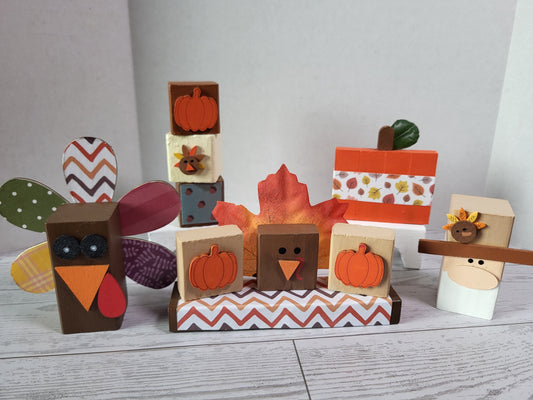 Hand-painted wooden Thanksgiving shelf sitters with festive holiday designs—perfect for mantels, tiered trays, and farmhouse holiday décor.