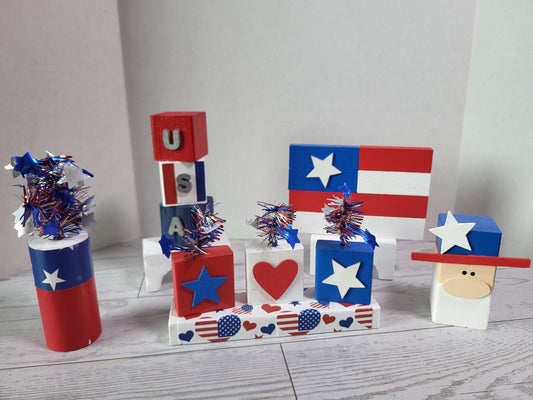 Hand-painted wooden 4th of July shelf sitters with festive holiday designs—perfect for mantels, tiered trays, and farmhouse holiday décor.