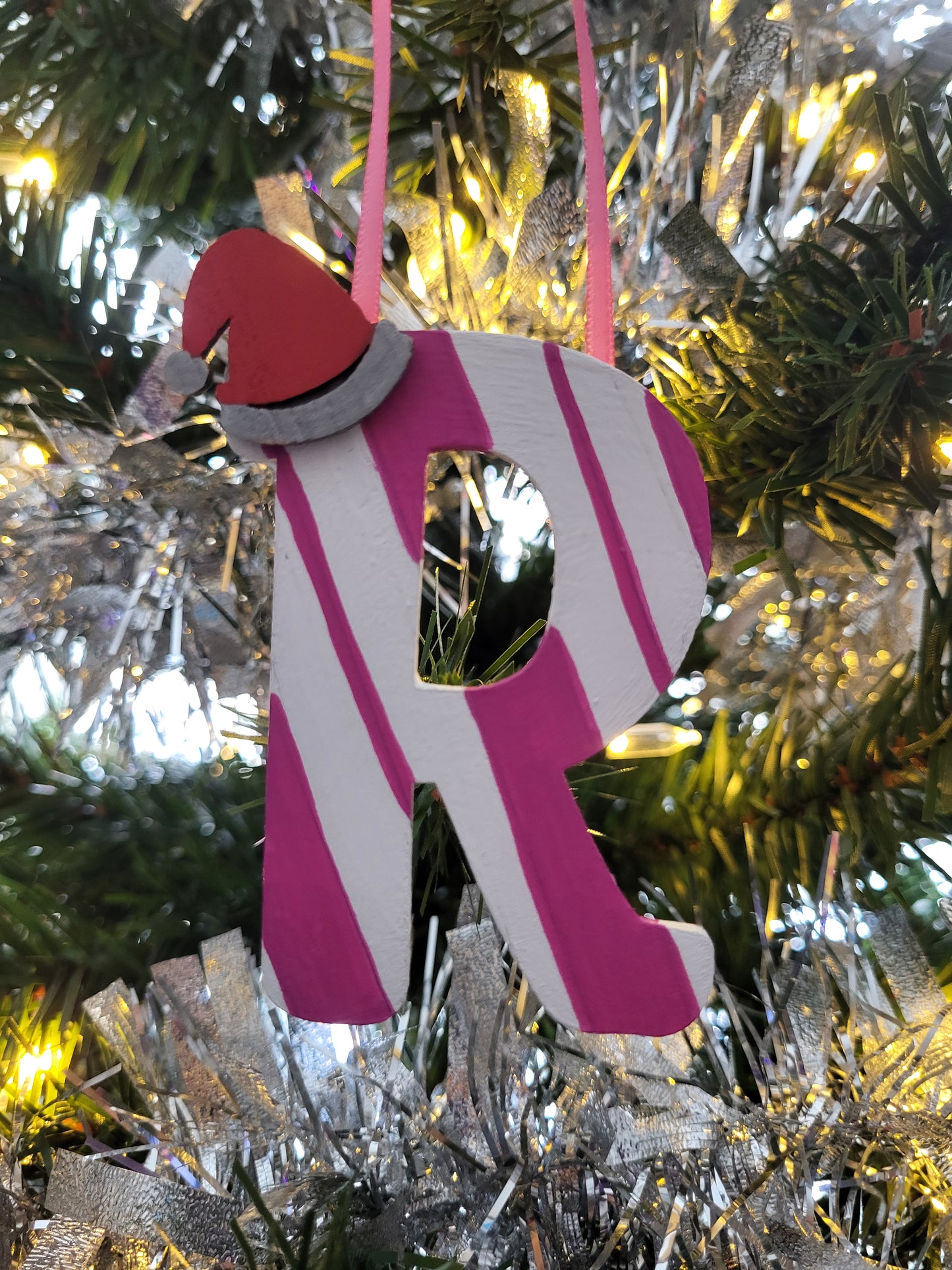 Handmade personalized candy cane letter ornament with custom letter and colors