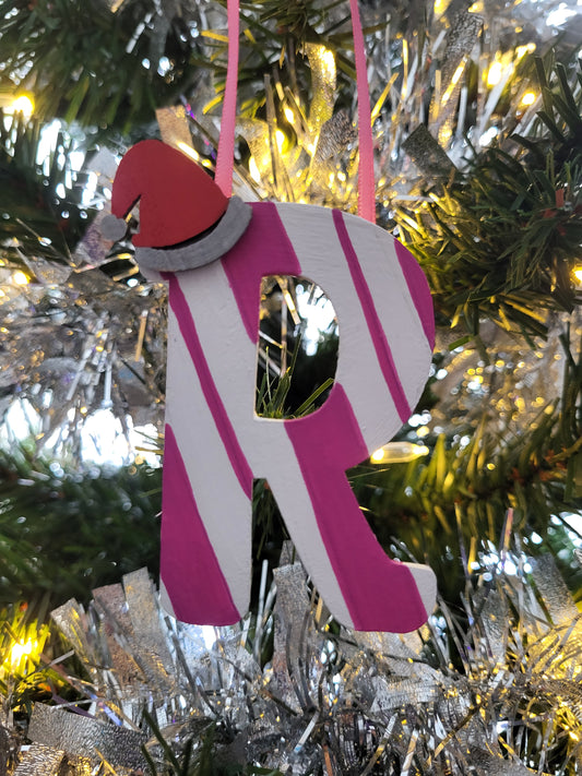 Handmade personalized candy cane letter ornament with custom letter and colors