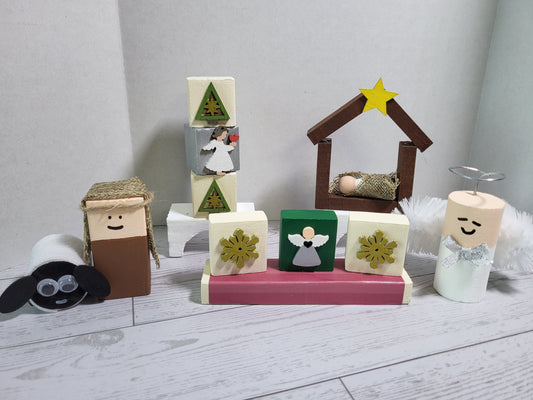 Hand-painted wooden religious Christmas shelf sitters featuring a nativity design—perfect for mantels, tiered trays, and farmhouse holiday décor.