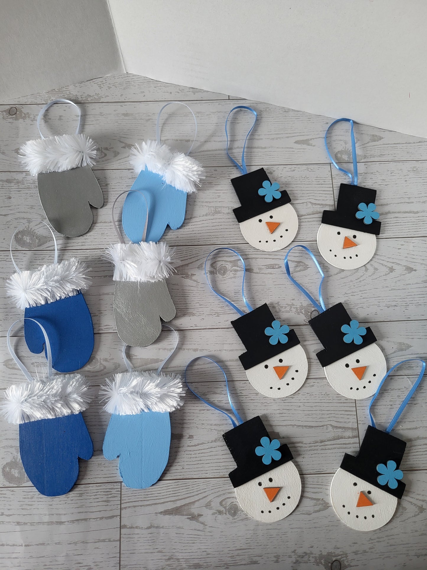 Set of 12 handmade ornaments - 6 snowman and 6 mittens