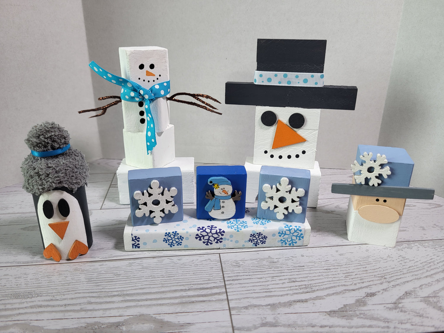 5 piece handmade wooden Winter shelf sitter collection with hand-painted winter designs