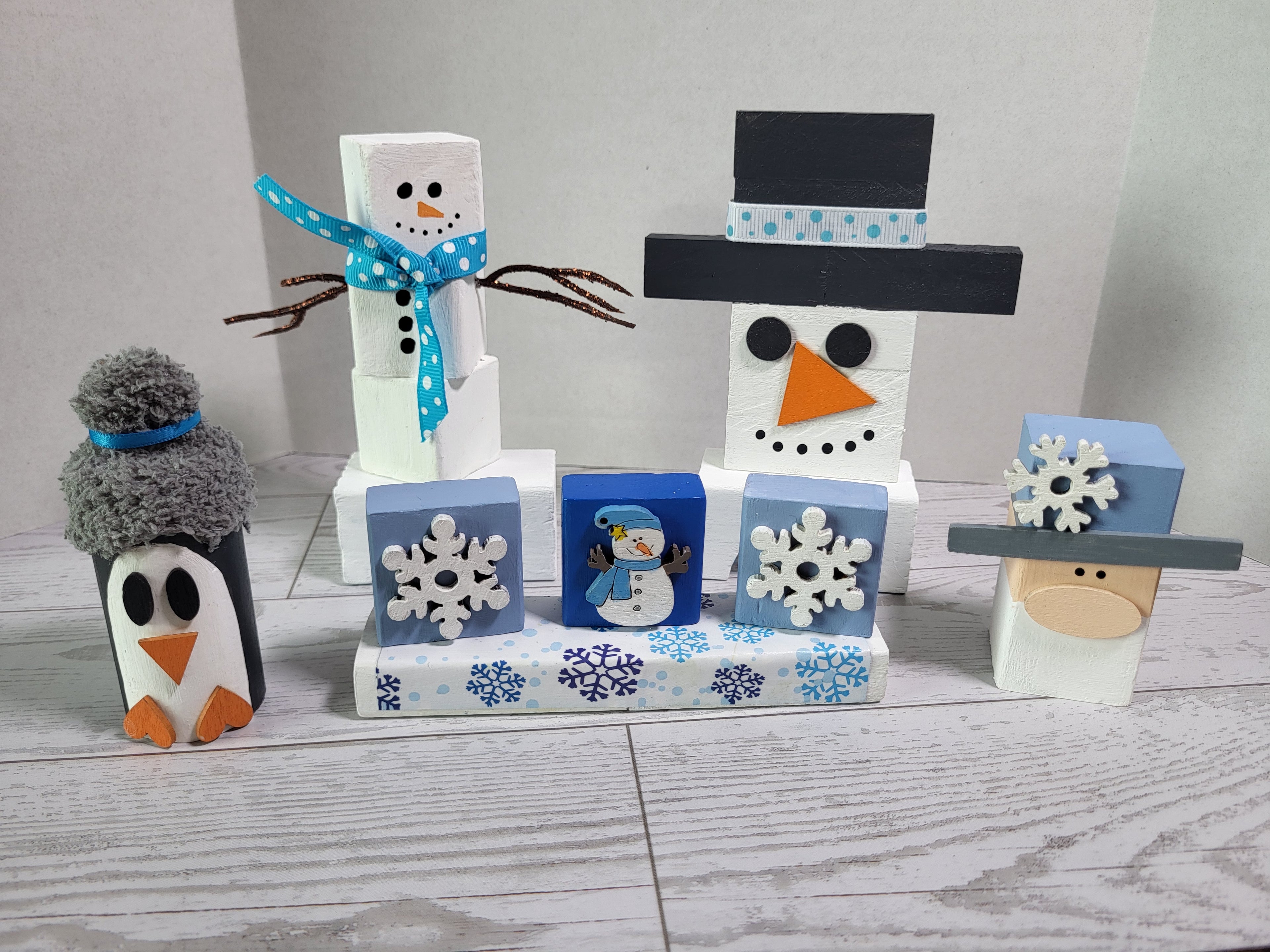 5 piece handmade wooden Winter shelf sitter collection with hand-painted winter designs
