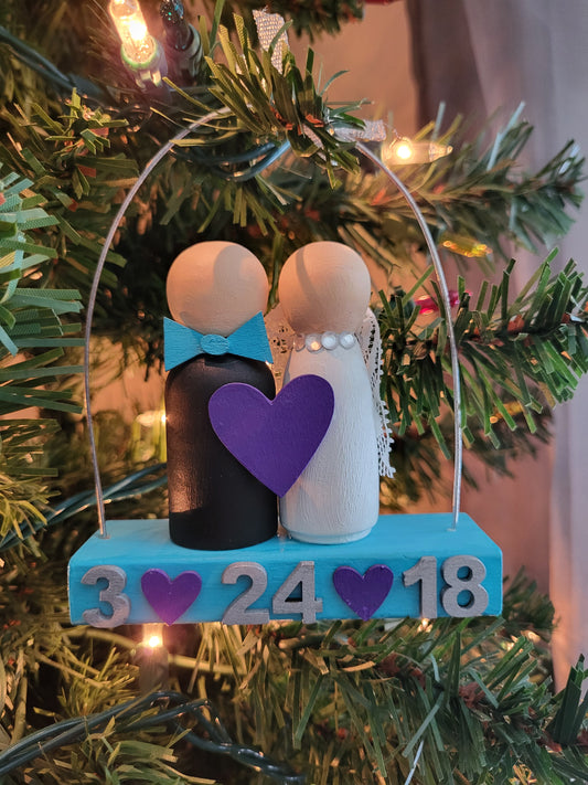Hand-painted wooden wedding/ anniversary ornament personalized with date and custom colors—perfect for Christmas tree décor, gifts, and holiday keepsakes.”