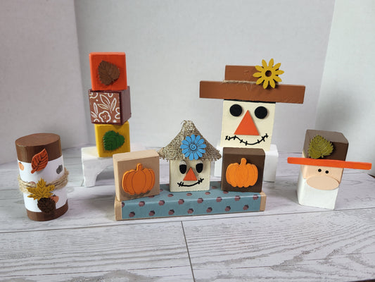 Hand-painted wooden Fall shelf sitters with festive seasonal accents—perfect for mantels, tiered trays, and farmhouse holiday décor.